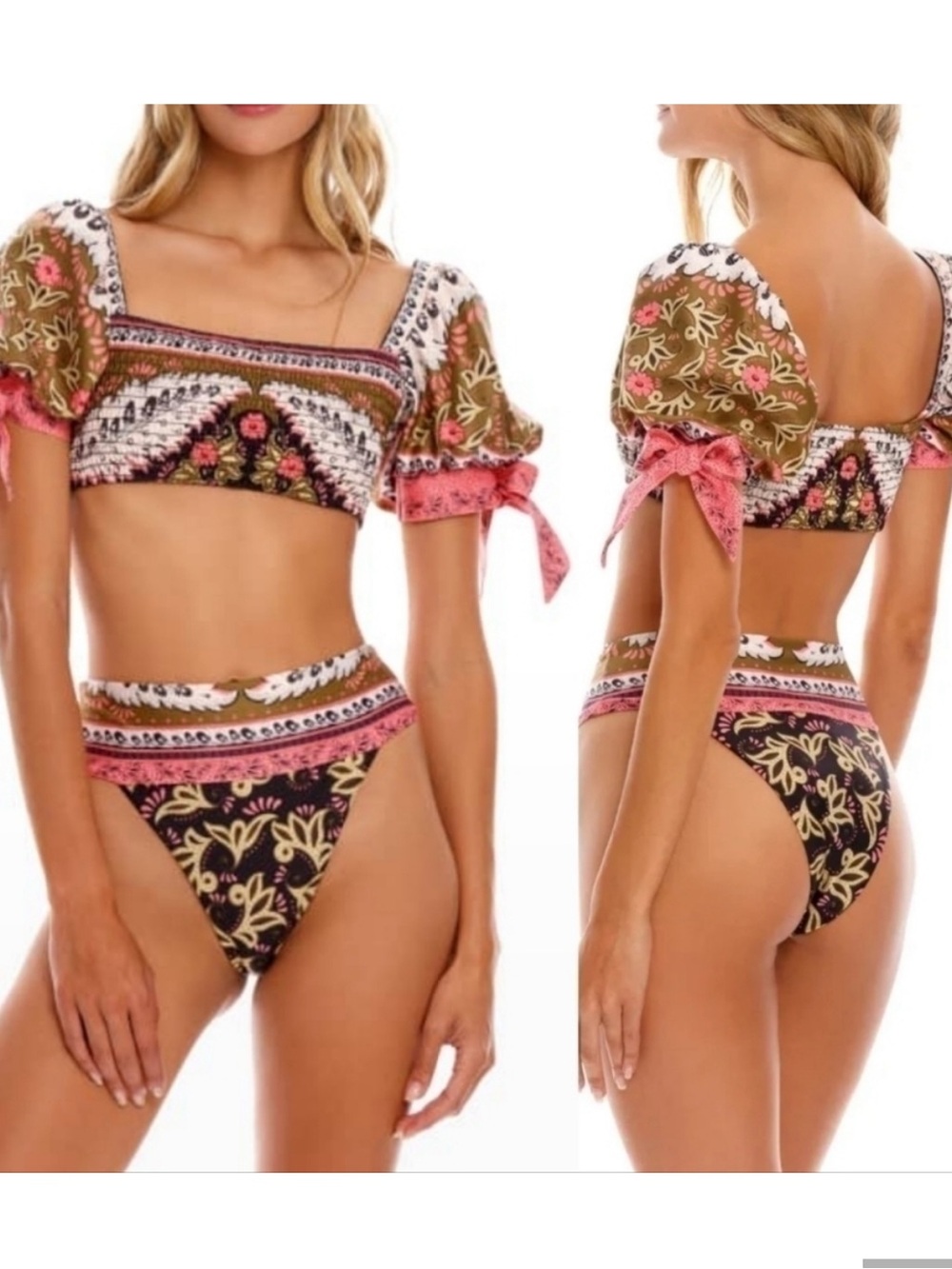 Agua Bendita Pink & Olive Floral Puff-Sleeve Two-Piece Bikini
